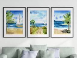 Watercolour Sandy Beach Views Set Of 3 Unframed Wall Print, Landscape Art, Home D??cor, Abstract, Sea, Sail Boat, Palm Tree - thumbnail 1