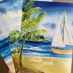 Watercolour Sandy Beach Views Set Of 3 Unframed Wall Print, Landscape Art, Home D??cor, Abstract, Sea, Sail Boat, Palm Tree - thumbnail 3
