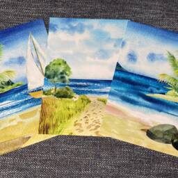 Watercolour Sandy Beach Views Set Of 3 Unframed Wall Print, Landscape Art, Home D??cor, Abstract, Sea, Sail Boat, Palm Tree - thumbnail 2
