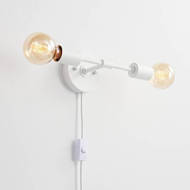 White Plug-In 2-Light Wall Sconce - Mid Century Modern Industrial Lamp Bedroom, Office, Kitchen, Hallway & Bathroom Vanity Lighting - image 1