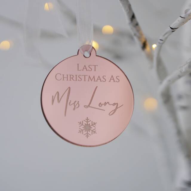 Last Christmas As A Miss Bauble, Fianc?? Bride To Be Ornament Personalised Decoration Couples Engaged - image 1
