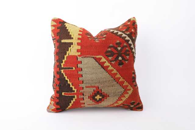 Vintage Turkish Kilim Pillow Cover Handwoven Wool Cushion - 16x16 - image 1