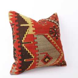 Vintage Turkish Kilim Pillow Cover Handwoven Wool Cushion - 16x16 - thumbnail 3