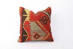 Vintage Turkish Kilim Pillow Cover Handwoven Wool Cushion - 16x16 - thumbnail 1