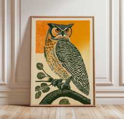 Great Horned Owl Wall Art, Bold Orange Green Bird Print, Linocut Style Poster, Woodland Animal Decor - thumbnail 1