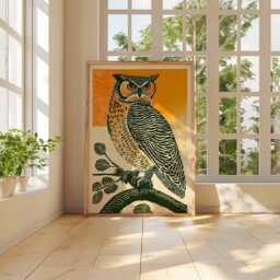 Great Horned Owl Wall Art, Bold Orange Green Bird Print, Linocut Style Poster, Woodland Animal Decor - thumbnail 3
