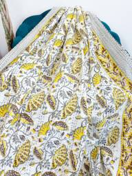 Kantha Stitch Pure Cotton Reversible Bed/Sofa Throw King Size - Handmade Handprint Floral Dohar White Yellow Grey Waterlily Garden Stripe - thumbnail 1