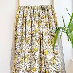 Kantha Stitch Pure Cotton Reversible Bed/Sofa Throw King Size - Handmade Handprint Floral Dohar White Yellow Grey Waterlily Garden Stripe - thumbnail 2