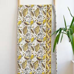 Kantha Stitch Pure Cotton Reversible Bed/Sofa Throw King Size - Handmade Handprint Floral Dohar White Yellow Grey Waterlily Garden Stripe - thumbnail 3