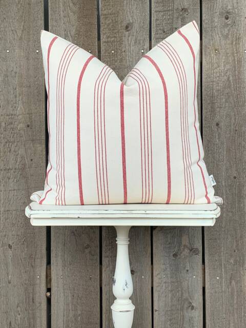 1 Modern Farmhouse Multi Red Striped Pillow Cover - Woven Solid Cream Backing Zipper Closure - image 1