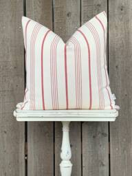 1 Modern Farmhouse Multi Red Striped Pillow Cover - Woven Solid Cream Backing Zipper Closure - thumbnail 1
