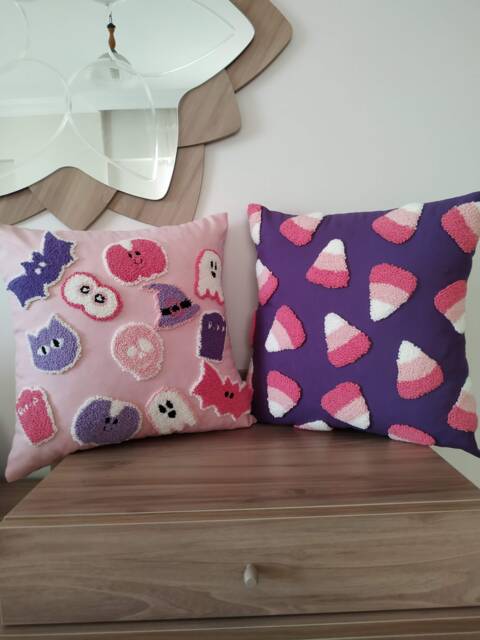 Punch Needle Pastel Halloween Pillow Cover, Cute Kids Party Decoration, Candy Corn Pattern Cushion Cover - image 1