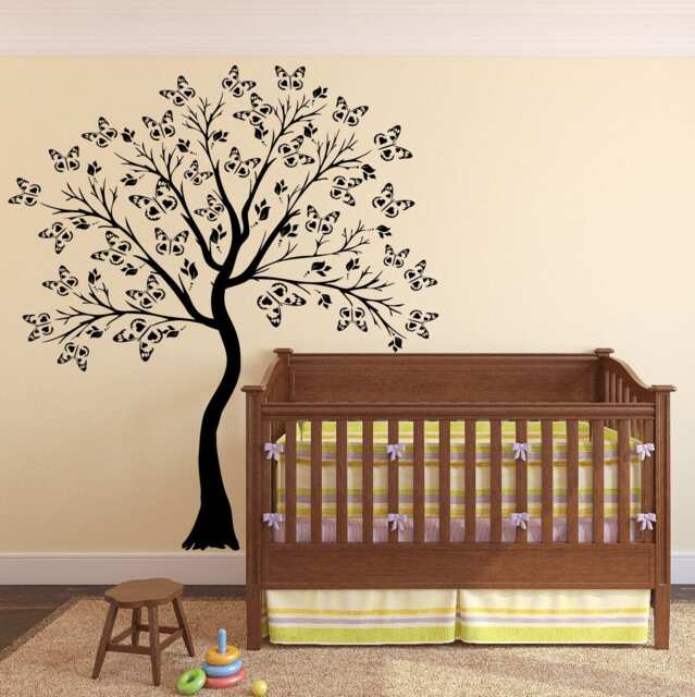 Large Wall Tree Baby Girl Nursery Decal Butterfly Cherry Blossom Art Woodland Birch Decor #1374 - image 1
