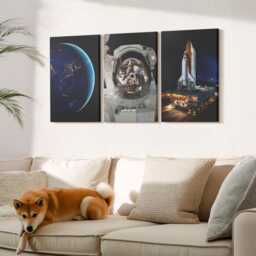 Canvas Set Of 3 Wall Art - Space Views With Earth, Astronaut, & Rocket, Navy Print, Astrology Hanging Piece - thumbnail 1