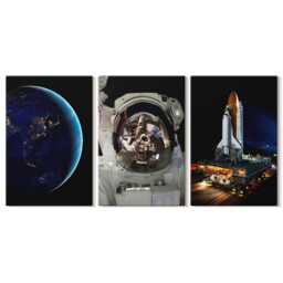 Canvas Set Of 3 Wall Art - Space Views With Earth, Astronaut, & Rocket, Navy Print, Astrology Hanging Piece - thumbnail 2