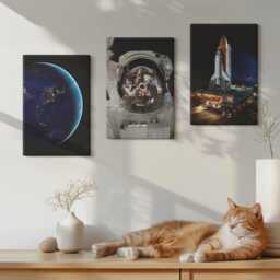 Canvas Set Of 3 Wall Art - Space Views With Earth, Astronaut, & Rocket, Navy Print, Astrology Hanging Piece - thumbnail 3