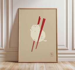 Minimalist Japanese Cat Art Print - Cute White Poster With Red Accents, Zen Asian Wall Decor, Modern Illustration - thumbnail 1