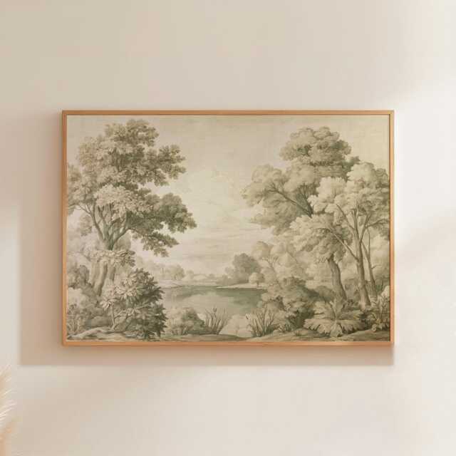 Woodland Lake Poster, Green Nature Print, Botanical Wall Art, Paper - image 1