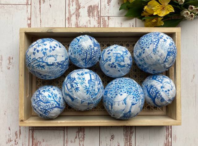 Chinoiserie Rag Balls - Blue Toile Fabric Bowl Filler Farmhouse Decor - image 1