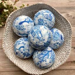 Chinoiserie Rag Balls - Blue Toile Fabric Bowl Filler Farmhouse Decor - thumbnail 3