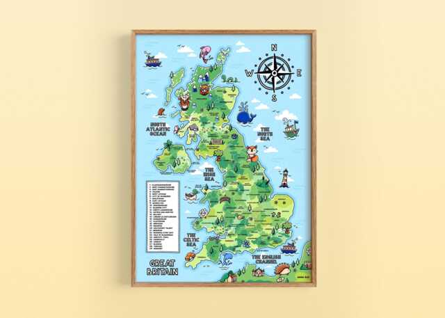 Map Of Great Britain Illustration - UK For Children, Kids Bedroom Wall Art, Classroom Decor, Fun Cartoon - image 1