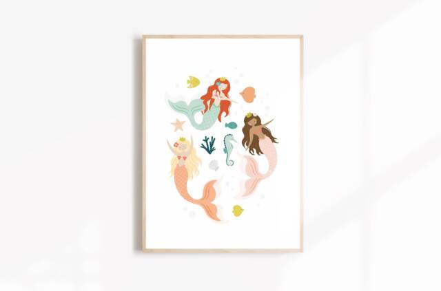 Mermaid Princess Art Print, Nursery Kids Room Decor - image 1