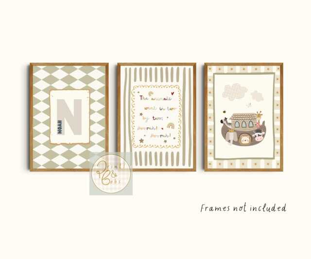 Set Of 3 Nursery Noah's Ark Bedroom Prints, Including A Personalised Name Print - Unframed - image 1