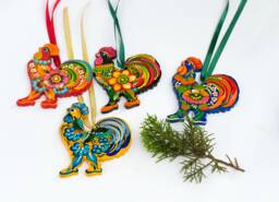 Wooden Rooster Christmas Ornament, Hand-Painted Ukrainian Decoration, Farmhouse Animal Petrykivka Ornament - thumbnail 1