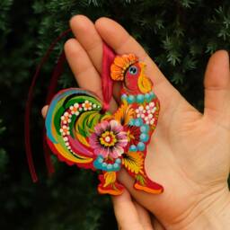 Wooden Rooster Christmas Ornament, Hand-Painted Ukrainian Decoration, Farmhouse Animal Petrykivka Ornament - thumbnail 2