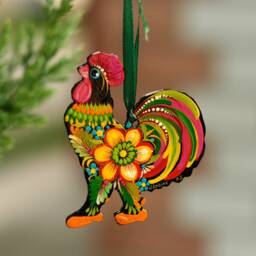 Wooden Rooster Christmas Ornament, Hand-Painted Ukrainian Decoration, Farmhouse Animal Petrykivka Ornament - thumbnail 3