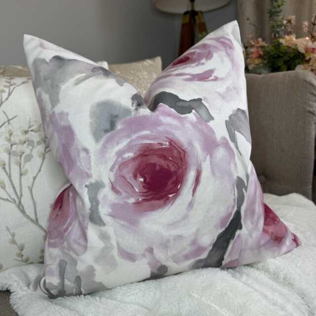 Decorative Pink Floral Cushion Cover, Pink - Grey Floral Pillow Cover, Watercolour Floral Throw Designer Fabric Velour - image 1
