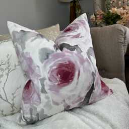 Decorative Pink Floral Cushion Cover, Pink - Grey Floral Pillow Cover, Watercolour Floral Throw Designer Fabric Velour - thumbnail 2