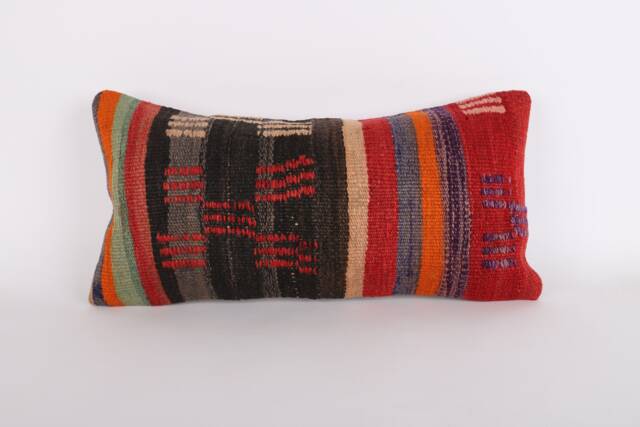 Kilim Lumbar Pillow Cover Turkish Woven Cushion, Bohemian Decor - 12x24 - image 1
