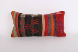 Kilim Lumbar Pillow Cover Turkish Woven Cushion, Bohemian Decor - 12x24 - thumbnail 1