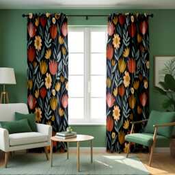 Modern Floral Curtains, Dark Navy Botanical Drapes With Retro Tulips & Wildflowers, Scandinavian Style Flower Print Panels - thumbnail 2