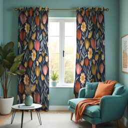 Modern Floral Curtains, Dark Navy Botanical Drapes With Retro Tulips & Wildflowers, Scandinavian Style Flower Print Panels - thumbnail 3