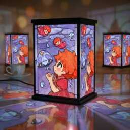 Ponyo Stained Glass Lamp, Studio Ghibli Night Light, Anime Decor Lantern, Unique Tabletop Art Gift, Fan Home - thumbnail 1