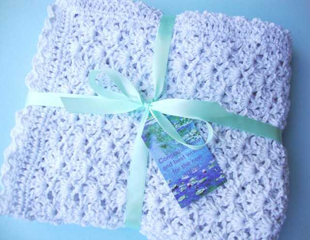Organic Cotton Crochet Baby Blanket White Water Lily Design - image 1