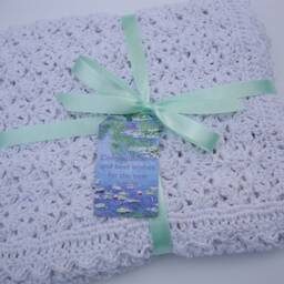 Organic Cotton Crochet Baby Blanket White Water Lily Design - thumbnail 4