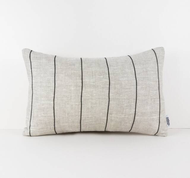 Lumbar Pillow Cover Neutral Linen With Black Stripes, Minimalist Cushion & Handmade Body Case 12x20 - image 1