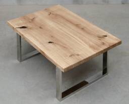 Live Edge Coffee Table Made Of Oak Wood, Small With Polished Steel Legs, Industrial Table, Rustical Table - thumbnail 1