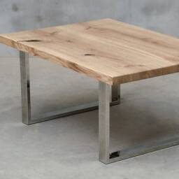 Live Edge Coffee Table Made Of Oak Wood, Small With Polished Steel Legs, Industrial Table, Rustical Table - thumbnail 3