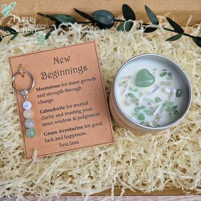 Candle & Keyring For New Beginnings Chapter Gift Set. New Job School Fresh Start Next Chapter. Crystal Intention Soy - image 1