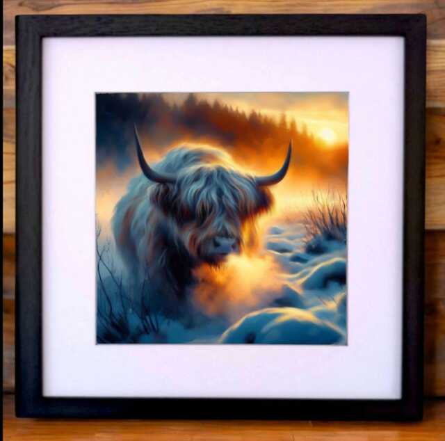 Highland Cow Wall Art Print Scottish Winter Scene, Framed - image 1