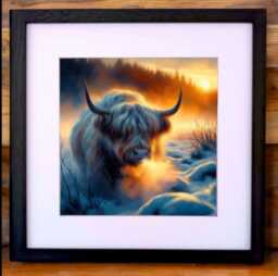 Highland Cow Wall Art Print Scottish Winter Scene, Framed - thumbnail 1