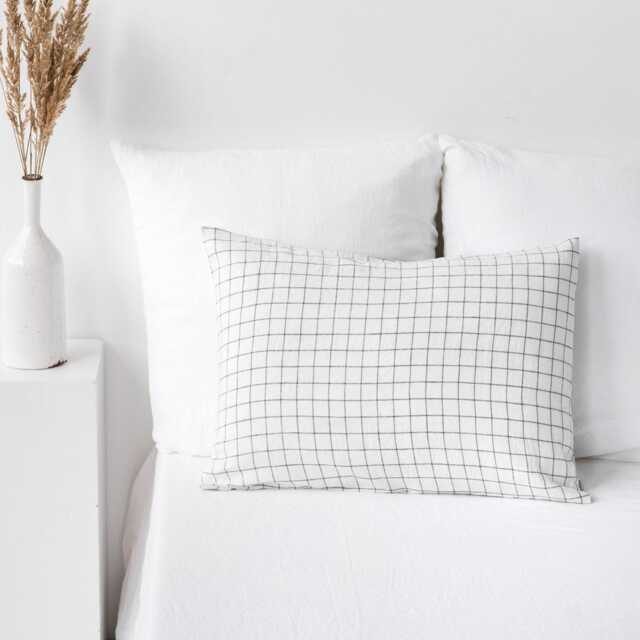 Charcoal Grid Linen Pillowcase - Soft Stonewashed Flax Sham Custom Windowpane Pillow Cover Modern Neutral Bedding Accent in Pure - image 1