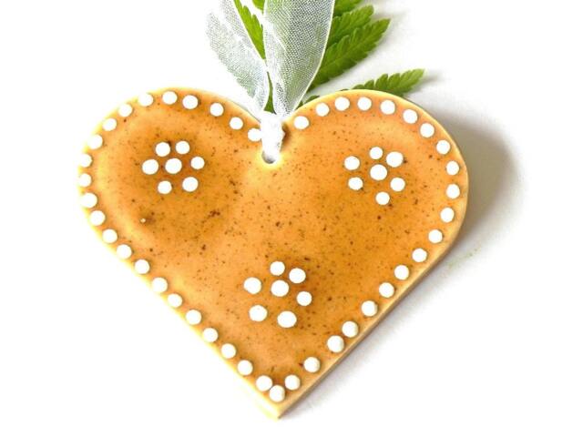 Set Of 2 Valentines'day Heart Ceramic, Ornaments, Caramel Pottery Christmas Tree Ornament White Dots Eco Friendly Decoration - image 1