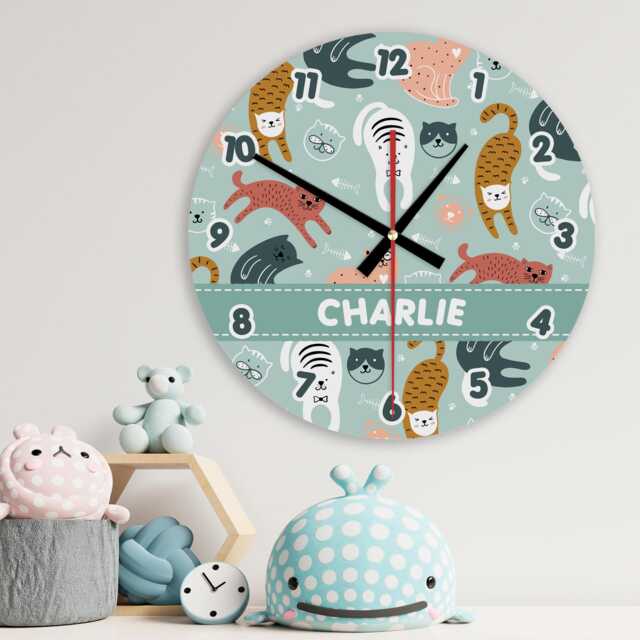 Kitty Cat Wall Clock Personalised Glass Wooden 20cm 30cm - Kids Baby Boys Girls Childrens Bedroom Nursery Office Decor Lovers Gift - image 1