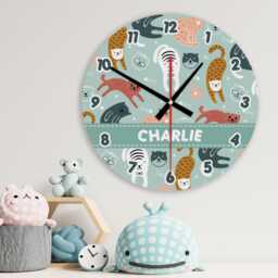 Kitty Cat Wall Clock Personalised Glass Wooden 20cm 30cm - Kids Baby Boys Girls Childrens Bedroom Nursery Office Decor Lovers Gift - thumbnail 1