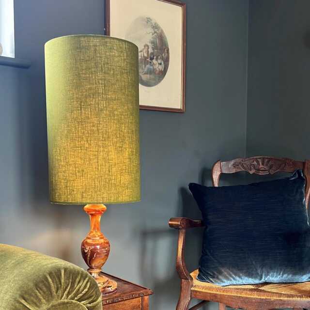 Olive Green Linen Drum Extra Tall Cylindrical Lampshade, With A White Lining - image 1